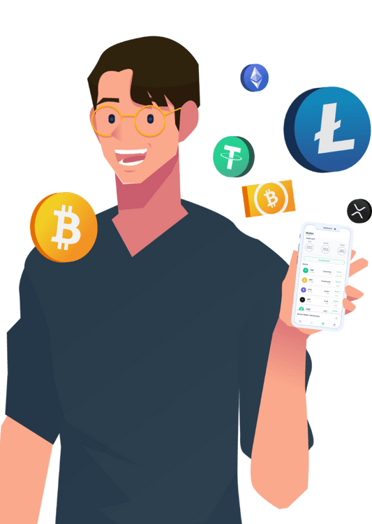 Man holding a phone with crypto currencies arount him illustration